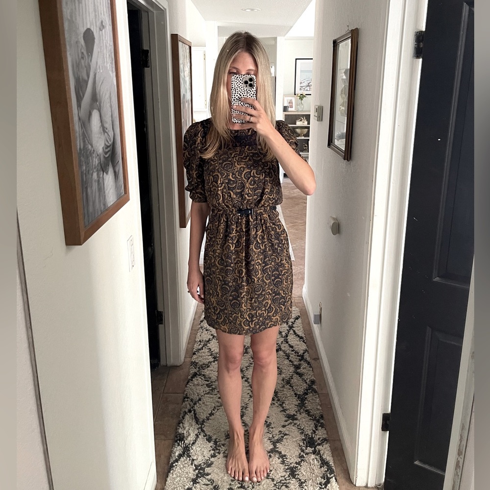 Adorable Navy and Goldenrod Belted Dress with Feminine Sleeves